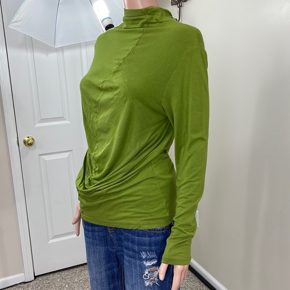 Soft Shirred-Seam Asparagus Draped Mock Neck Ruched Long Sleeve Top - Picture 7 of 16